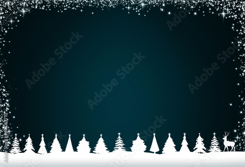 White fir trees with reindeer and blurred lights isolated on green background.