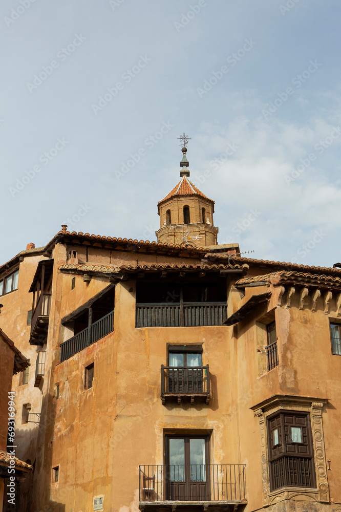 Facades of the old houses of the medieval and touristic village of Albarracín in Teruel (Spain).