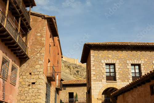 Facades of the old houses of the medieval and touristic village of Albarracín in Teruel (Spain).