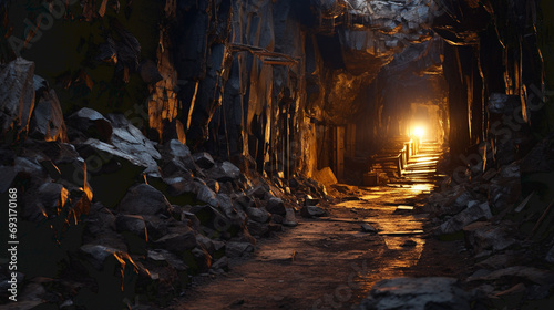 Interior panorama of underground mine shaft. Dark corridors inside abandoned stone quarry