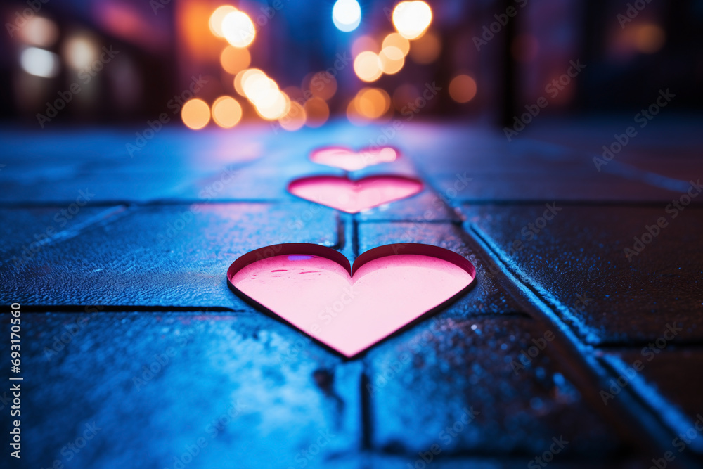 Defocused glowing pink hearts on an dark blue asphalt road at night. - obrazy, fototapety, plakaty 