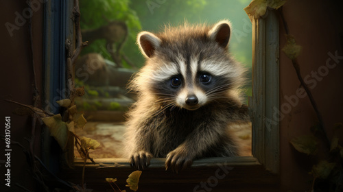  a raccoon looking out of a window in a room with leaves on the window sill and a blurry background of leaves on the window sill.