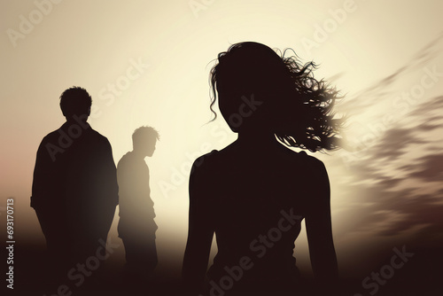 Silhouettes of one young girl and two young lads outdoor