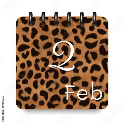 2 day of the month. February. Leopard print calendar daily icon. White letters. Date day week Sunday, Monday, Tuesday, Wednesday, Thursday, Friday, Saturday.  White background. Vector illustration.