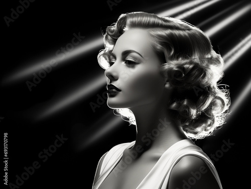 Art Deco starlet portrait, 1930s Hollywood actress vibe, marcel waves hairstyle, dramatic lighting