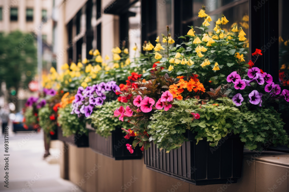 Flower filled window boxes. Closeup of colorful blooming flowers in window planters boxes adorning city building. Urban gardening landscaping design - obrazy, fototapety, plakaty 