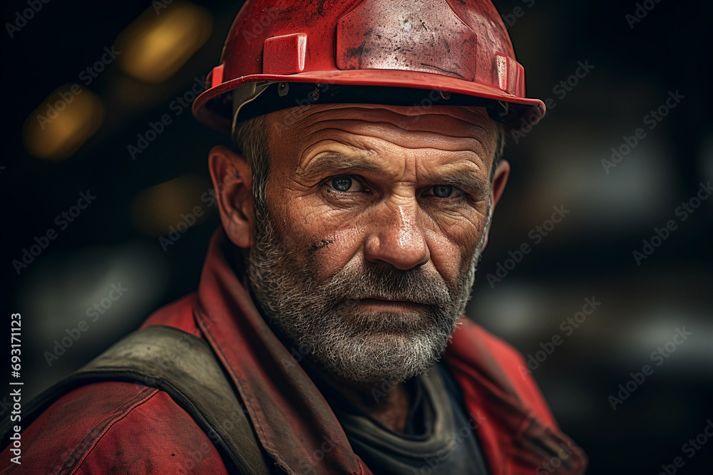 Industrial worker, strong facial features, metallic textures, overlaid with angular constructivist shapes, muted earth tones with bold red accents
Industrial worker, strong facial features, metallic textures, overlaid with angular constructivist shapes, muted earth tones with bold red accents