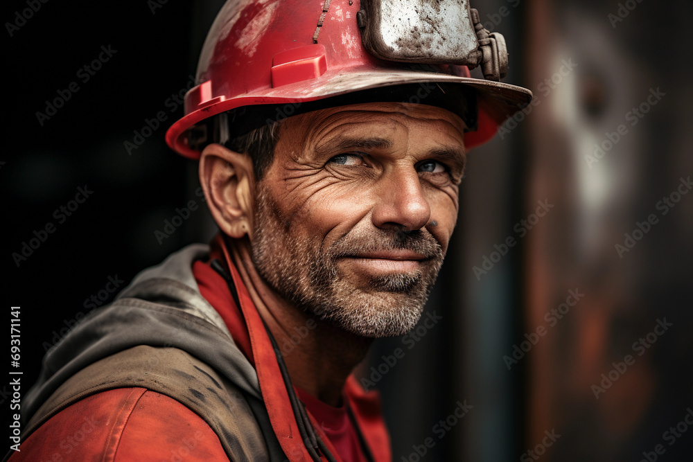 Industrial worker, strong facial features, metallic textures, overlaid with angular constructivist shapes, muted earth tones with bold red accents
Industrial worker, strong facial features, metallic textures, overlaid with angular constructivist shapes, muted earth tones with bold red accents