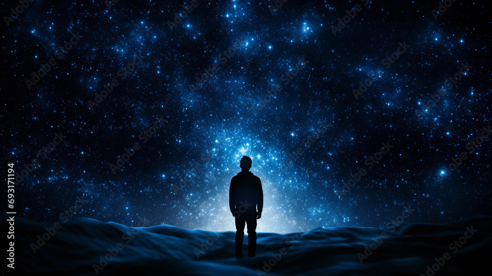 Man's silhouette with galaxy cosmos within, sharp contrast