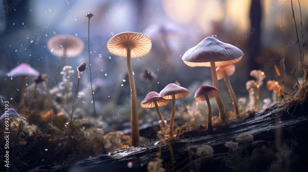 Fototapeta premium a group of mushrooms sitting on top of a forest covered in raindrops next to a forest filled with lots of tall grass and small mushrooms in the middle of the ground.
