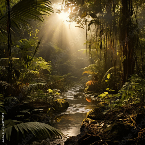 tropical forest with golden light in wide format