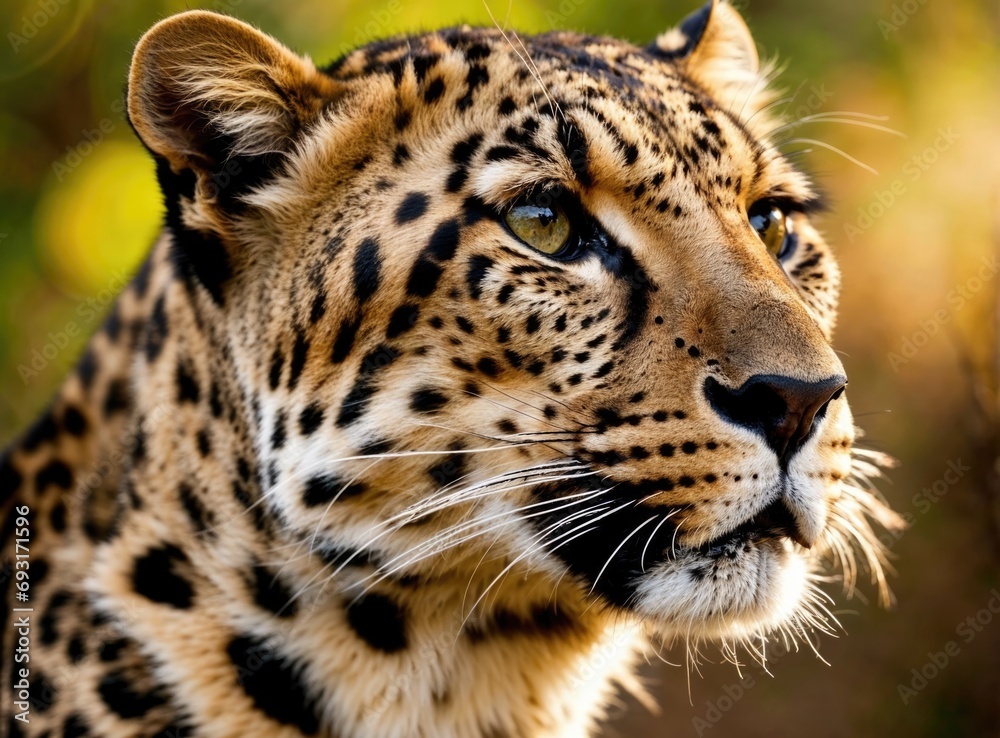 Obraz premium Closeup photo of a Leopard in the wild, with a majestic gaze, and beautiful sunlight pouring through the forest leaves, ultra HD high resolution nature photo with beautiful detail and fur