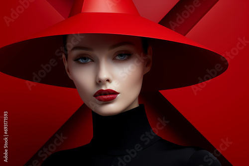 avant-garde fashion designer, constructivist set design, bold structural hat, angular shadows