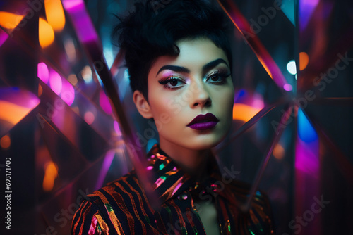 portrait, androgynous subject with geometric makeup, neon lighting accents, mirror reflections