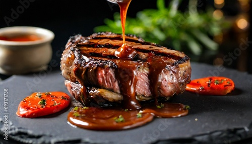 grilled steak with melted barbeque sauce on a black and blurry background photo