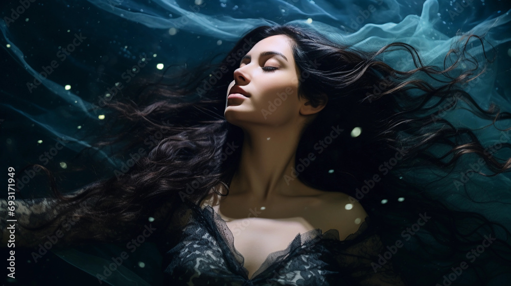 Surreal portrait in zero gravity, hair and clothes undulating as if underwater, stars and nebulae in the backdrop