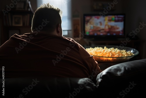 view from behind of a fat man watching television sitting on sofa eating popcorn photo