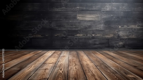 Beautiful entirior background for presentation black wall and wooden floor
