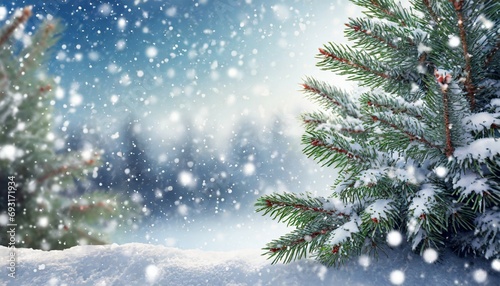 winter background falling snow on pine tree branches copy space christmas holiday background