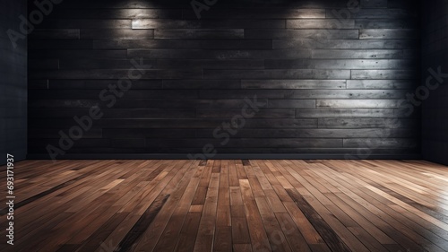 Beautiful entirior background for presentation black wall and wooden floor