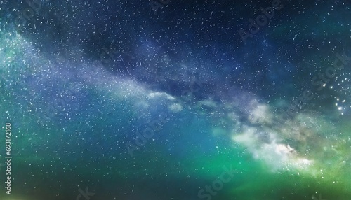 night starry sky and bright blue green galaxy horizontal background