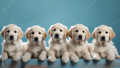 group of golden retriever puppies in a row over blue background
