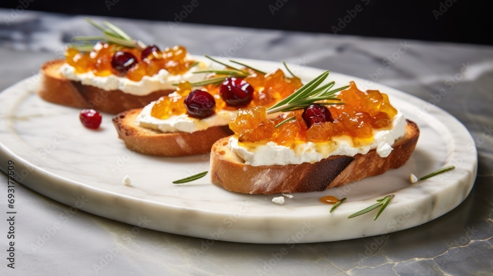 a white plate topped with two pieces of bread covered in cream cheese and cranberry sauce and topped with a sprig of rosemary on top of rosemary. a white plate topped with two pieces of bread covered in cream cheese and cranberry sauce and topped with a sprig of rosemary on top of rosemary.