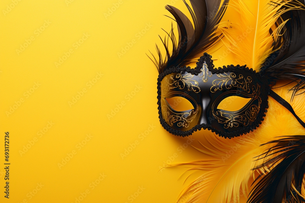 A portrait of a traditional venetian mask on a wooden surface appearing mysteriously out of the darkness.