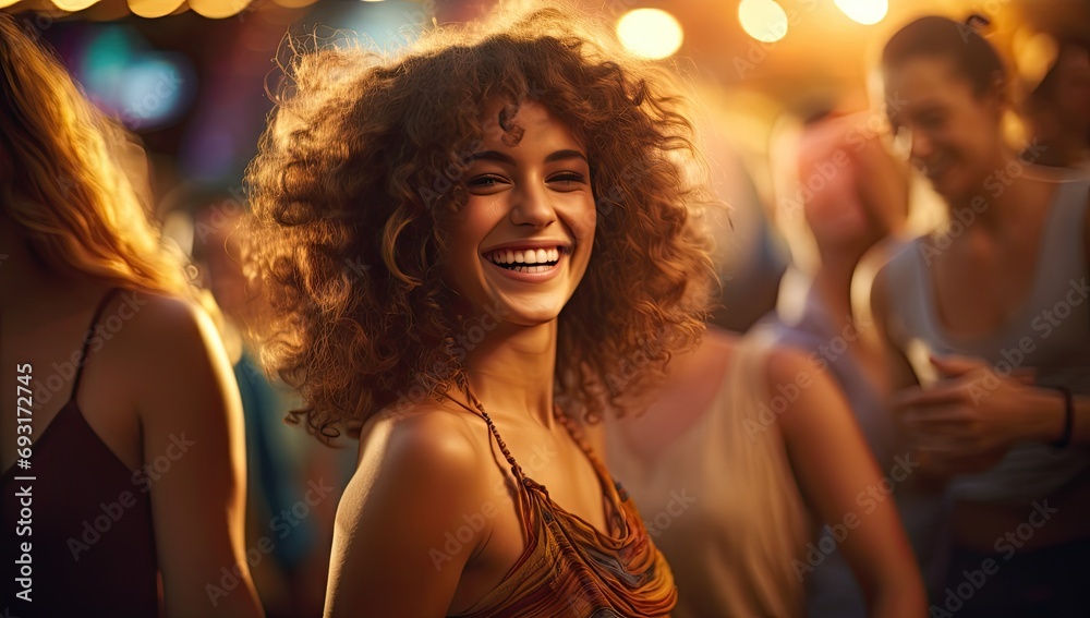 Happy Curly-Haired Woman at a Party with Bokeh Lights