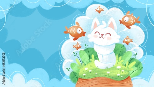 Illustration of a cute cat dreaming of fish in kawaii cartoon style.