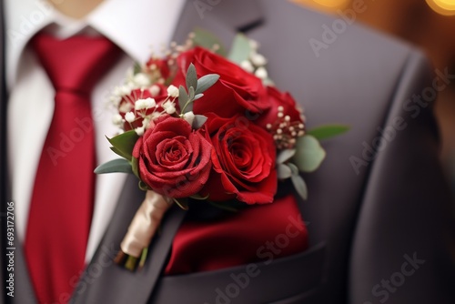 Groom in a fashionable modern suit with a boutonniere close-up