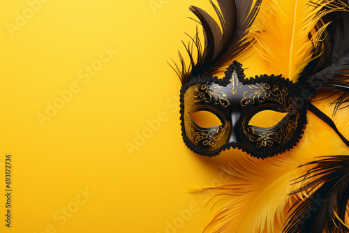 A portrait of a traditional venetian mask on a wooden surface appearing mysteriously out of the darkness. © Nataliia