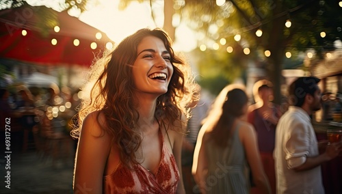 Laughing Curly-Haired Woman at Sunset Party