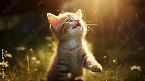 a small kitten standing on its hind legs in a field of grass and looking up at the sky with its front paws in the air, with its front paws up.