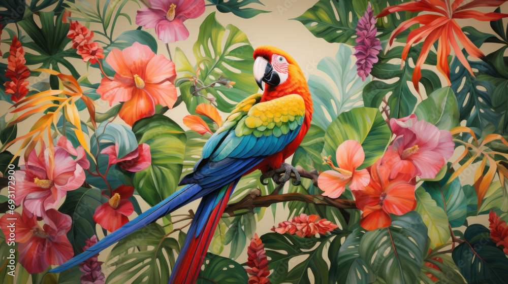 Fototapeta premium a painting of a colorful parrot perched on a branch of a tree with pink and yellow flowers and green leaves on a cream colored background with pink and red flowers.