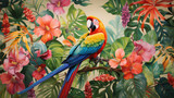 a painting of a colorful parrot perched on a branch of a tree with pink and yellow flowers and green leaves on a cream colored background with pink and red flowers.