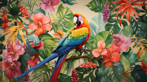  a painting of a colorful parrot perched on a branch of a tree with pink and yellow flowers and green leaves on a cream colored background with pink and red flowers. © Anna
