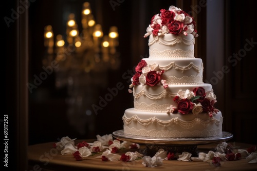 Beautiful wedding cake on the table in the banquet hall, banner
