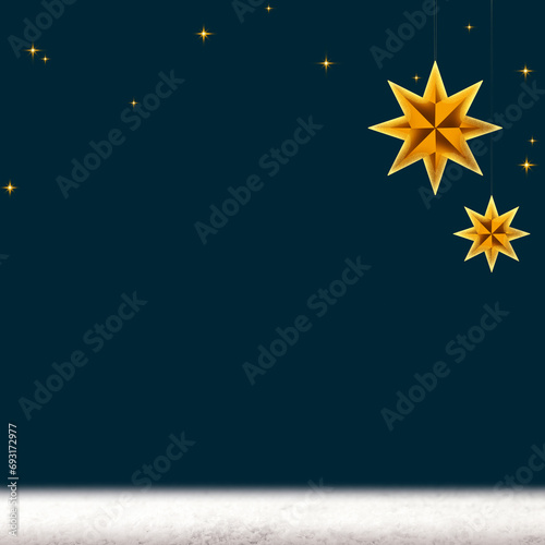 Christmas golden stars on dark blue background and white snow .