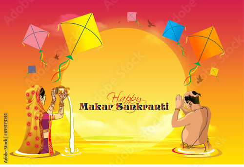 Happy Makar Sankranti festival. Indian Hindu festival of kites and sun worship. photo