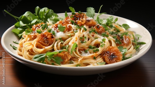  a white bowl filled with pasta covered in sauce and garnished with parsley on top of a wooden table next to a bottle of wine and a glass.