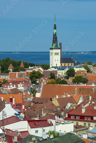 Aerial view of Tallinn Old Town red rootops and St Olaf's Church (Oleviste) photo