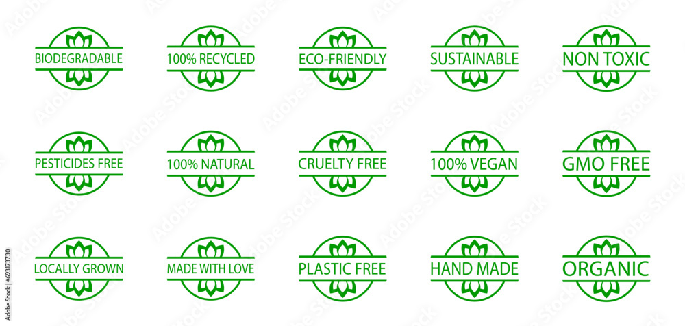 Set of biodegradable, sustainable, eco-friendly stamps. Locally grown food, cruelty free product. Hand made, gmo free icons. Pesticides free Set of biodegradable, sustainable, eco-friendly stamps. Locally grown food, cruelty free product. Hand made, gmo free icons. Pesticides free