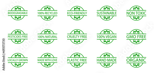 Set of biodegradable, sustainable, eco-friendly stamps. Locally grown food, cruelty free product. Hand made, gmo free icons. Pesticides free photo