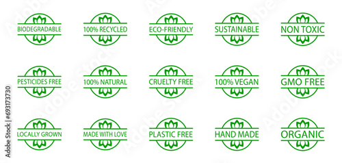 Set of biodegradable, sustainable, eco-friendly stamps. Locally grown food, cruelty free product. Hand made, gmo free icons. Pesticides free