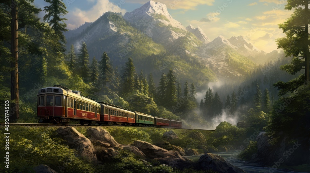  a painting of a train on a train track in a mountainous area with trees, rocks, and mountains in the background and a river running through the foreground.