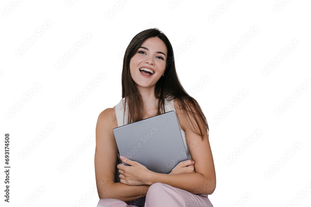 Excited Attractive asian woman screaming smiling happy, received gift, new laptop sitting against transparent background. Gorgeous Korean businesswoman hugs laptop against blurry living room. Excited Attractive asian woman screaming smiling happy, received gift, new laptop sitting against transparent background. Gorgeous Korean businesswoman hugs laptop against blurry living room.
