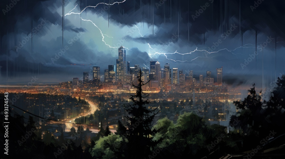  a painting of a city at night with a lot of lightning in the sky and a lot of trees in the foreground and a lot of lights in the background.