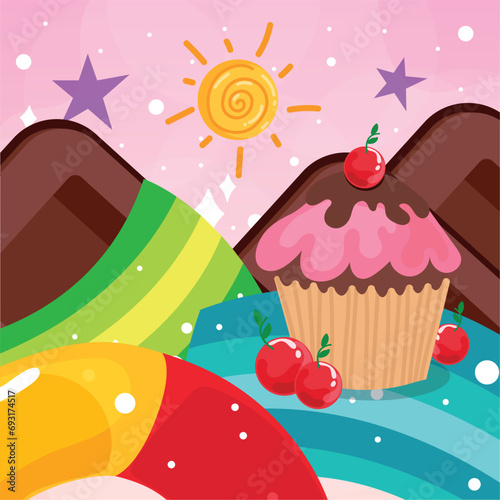 Colored candy land landscape view Vector