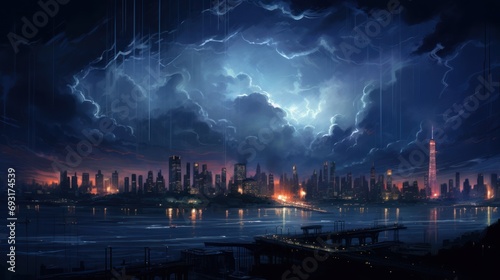  a painting of a city at night with a lot of clouds in the sky and a lot of lights in the water and a lot of clouds in the sky.